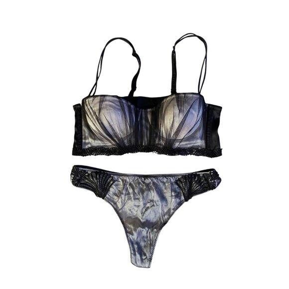 La Perla Limited Edition Bra Thong Set Black Mesh Overlay 32 Petite - Picture 1 of 11